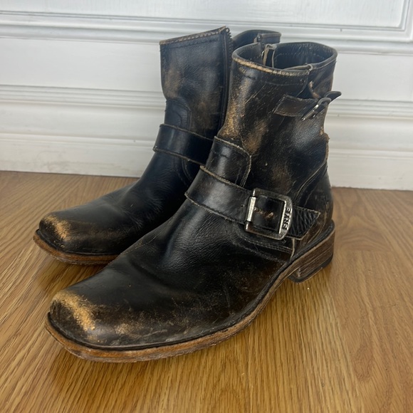 Frye Distressed Black Square Toe Moto Bootie Zip Up - Picture 1 of 7